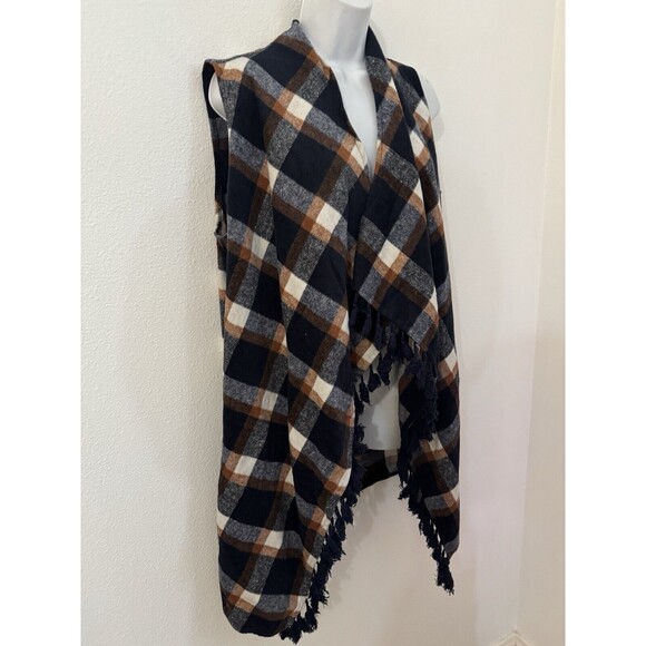 Plaid Vest Flannel Long Boho Women Sleeveless Shacket Fringe Festival M Navy - Picture 2 of 6